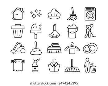 Icon set Laundry line cleaning. Collection sign with washing machine, iron, clothes, water drops, brush and bubbles. Vector illustration.