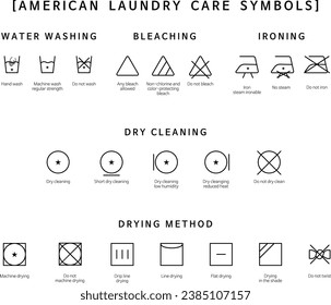 Icon set of laundry symbols. Cleaning machine, Clothes care icons. Laundry label collection with care symbols and washing instructions. Bleaching, Drying, Ironing. Vector mock up template.  