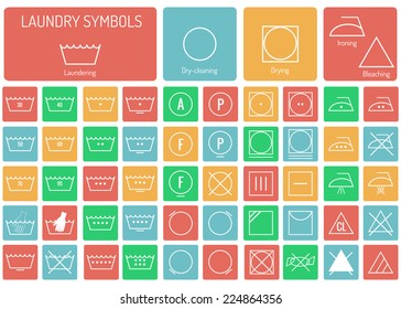 Icon set of laundry symbols in the color squares on white background. Clothing care. Laundry washing instruction. Vector illustration. 