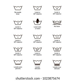 Icon set of laundry symbols, vector illustration print label cloth. Written in spanish