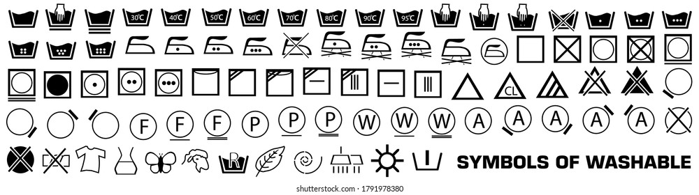 Symbolsatz der Wäschesymbole, Vektorgrafik.