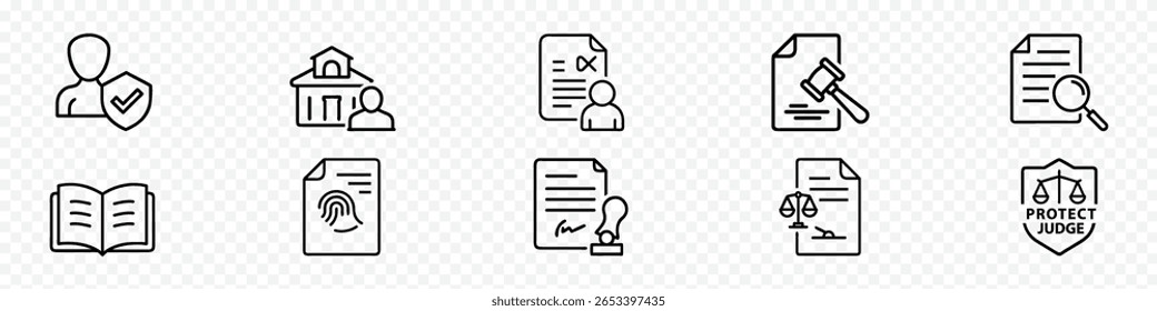  icon set of law and documentation including contracts, lawyer review, legal documents, signatures, court papers, and official certificates for compliance, legal apps, Legal and Documentation Icon Set