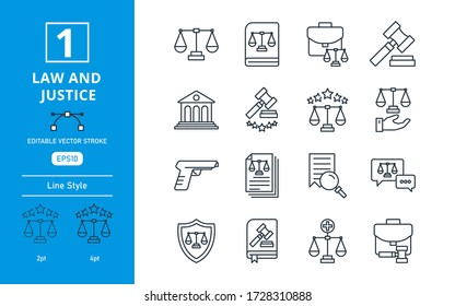 Icon Set Law And Justice Design Template Vector. Contains Such Icon As Hammer, Law, Justice, Equality And Many More. Editable Stroke