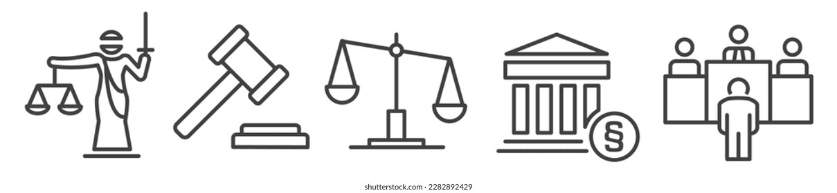 Icon Set of law, legal and justice - Vector Illustration -  Editable Thin Line Icons Collection on white Background for Web and Print