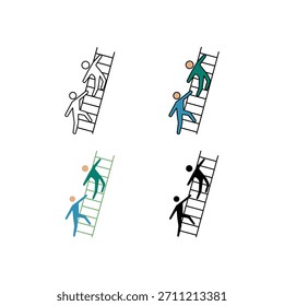 Conjunto de iconos de un líder que ayuda a otra persona a subir una escalera en línea, plana, línea de color y estilos sólidos. Representa Asistencia, mentoría, trabajo en equipo, liderazgo y crecimiento.