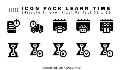 Icon Set of Learn Time  Glyph Icons. Contains such Icons as Gift Date, Hourglass, Hourglass App, Hourglass Cancel etc. Editable Stroke. 32 x 32 Pixel Perfect