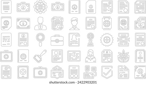 Icon set for legal documents. including a testament, patent, license, passport, ID card, contract, agreement, and more. Collection of solid vector icons.