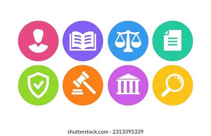 Icon set legal, law, justice, court. Service lawyer, attorney, notary concept. Scales justice, gavel book Symbol. Vector illustration