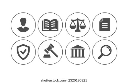 Icon set legal, law, justice, court. Service lawyer, attorney, notary concept. Scales justice, gavel book Symbol. Vector illustration