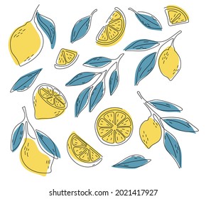 Icon set lemon, vector illustration on white background. the whole fruit and cut into pieces. citrus.