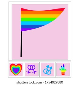 Icon set of LGBT on Pride month.Rainbow flag,heart and symbol of sex on pink background.Vector Flat design illustration.