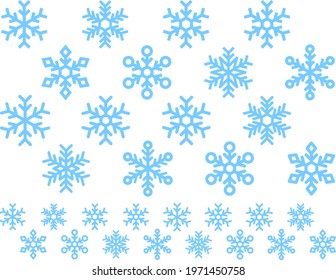 Icon set of light blue snowflakes of various shapes