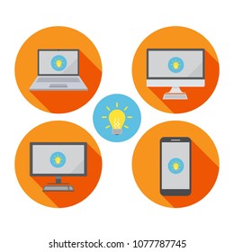 icon set , Light bulb icon on labtop , computer and mobile smart phone ,Technology