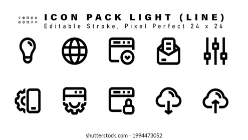 Symbolsatz der Leuchtlinien-Symbole. Enthält Symbole wie Einstellungen, Mobile Einstellungen, Webeinstellungen, Login usw. Bearbeitbarer Stroke. 48 x 48 Pixel perfekt
