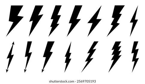 Icon set of lightning bolt, electric thunderbolt, lightning strike, dangerous symbol vector illustration