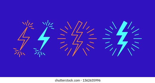 Icon set of Lightning bolt flash. Vector illustration of zigzag Lightning surrounded by sparks. Electric strike charge. Isolated outline and fill sign, symbol, icon. Orange and azure color