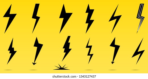 
Icon set of lightning, lightning strike or thunderstorm. Icons for voltage, electricity and power signs. Vector illustratio