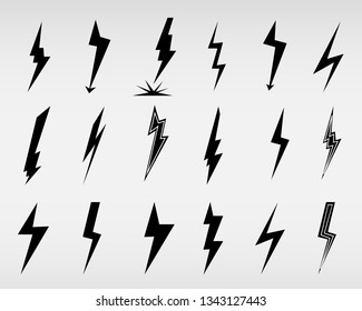 
Icon set of lightning, lightning strike or thunderstorm. Icons for voltage, electricity and power signs. Vector illustratio