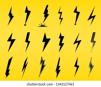 
Icon set of lightning, lightning strike or thunderstorm. Icons for voltage, electricity and power signs. Vector illustratio