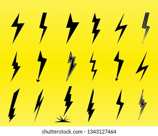 
Icon set of lightning, lightning strike or thunderstorm. Icons for voltage, electricity and power signs. Vector illustratio