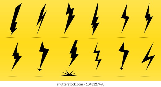 
Icon set of lightning, lightning strike or thunderstorm. Icons for voltage, electricity and power signs. Vector illustratio