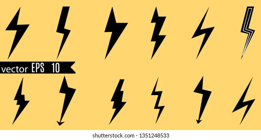 Icon set of lightning, lightning strike or thunderstorm. Icons for voltage, electricity and power signs. Vector illustration.