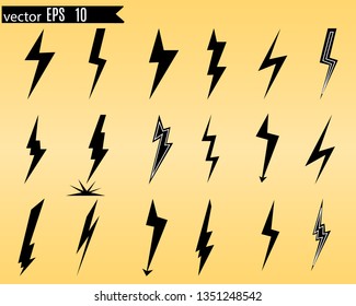 Icon set of lightning, lightning strike or thunderstorm. Icons for voltage, electricity and power signs. Vector illustration.