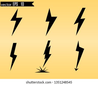 Icon set of lightning, lightning strike or thunderstorm. Icons for voltage, electricity and power signs. Vector illustration.