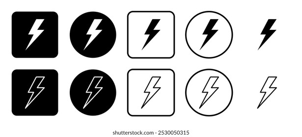 Icon set of lightning symbol. Filled, outline, black and white icons set, flat style.  Vector illustration on white background