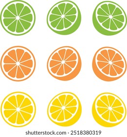 Icon set of lime orange lemon fruits from different views. Icons flat vector illustrations isolated on white transparent background