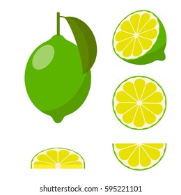 icon set lime, vector illustration on white background. the whole fruit and cut into pieces. citrus.