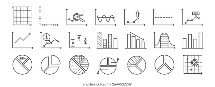Icon set of line chart and pie diagram elements. Collection includes chart, graph, statistic, line, analysis, report visuals. Data tools for infographic, dashboard. Vector illustration.