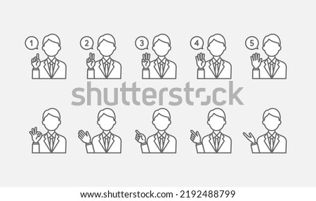 Icon set with a line drawing, hand-signed by a businessman