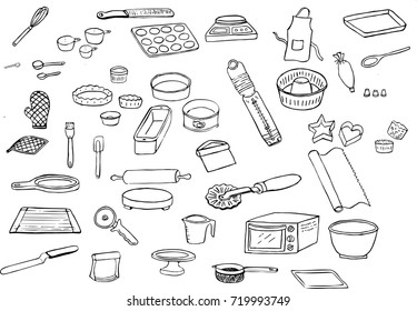 Icon set of line drawings of tools used in the kitchen for baking, muffin tray, whisk, loaf pan, rolling pin, pizza peel, oven thermometer, apron, oven mitts, micro plane zest