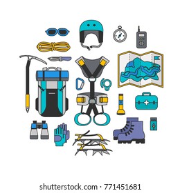 Icon set lineart design of modern of climbing and equipment for hiking isolated. Outfit for mountaineering and items for traveling and recreation. For web sites, applications and printing, vector