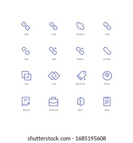 Icon Set link add delete square box briefcase report door note music price tag broken Line Style Icon Design Vector illustration