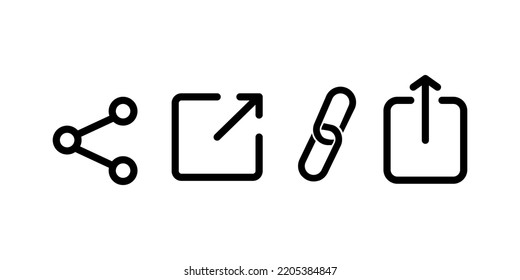 Conjunto de iconos de enlace. Vínculo, vínculo compartido, enlace externo conjunto de iconos vectoriales negros. Símbolos aislados sobre fondo blanco. botón Redireccionar vínculos. Diseño de interfaz de usuario web. Ilustración vectorial.