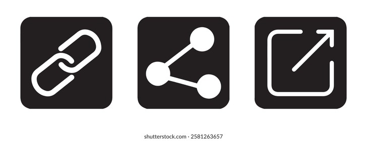 Icon set of link. Link, share link, external link black vector icon set. Isolated symbols on transparent background. Redirecting links button. Web UI design. Vector illustration EPS 10
