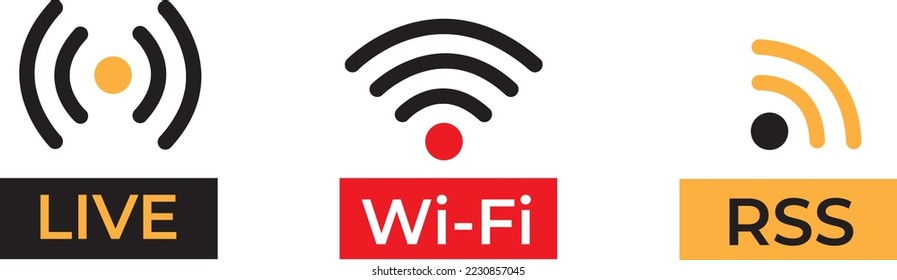 Juego de iconos para Live, Wi-Fi y RSS. Vector.