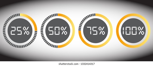  Icon set of loading and buffering percentage. Circle percentage diagrams for infographics or UI. Indicator with gradient from yellow to cyan (blue). From 0 to 100 percent. Vector design elements.
