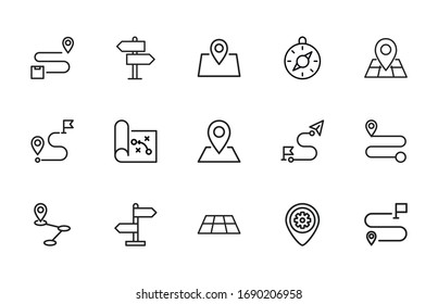 Icon set of location. Editable vector pictograms isolated on a white background. Trendy outline symbols for mobile apps and website design. Premium pack of icons in trendy line style.