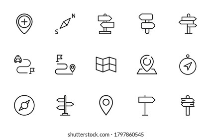 Conjunto de iconos de la ubicación. Pictogramas vectoriales editables aislados en un fondo blanco. Símbolos de diseño para aplicaciones móviles y diseño de sitios web. Paquete premium de iconos en estilo de línea de moda.