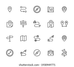 Conjunto de iconos de la ubicación. Pictogramas vectoriales editables aislados en un fondo blanco. Símbolos de diseño para aplicaciones móviles y diseño de sitios web. Paquete premium de iconos en estilo de línea de moda.