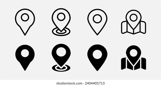 icon set location, maps, marker, position, elements for design with simple outline and solid icon styles