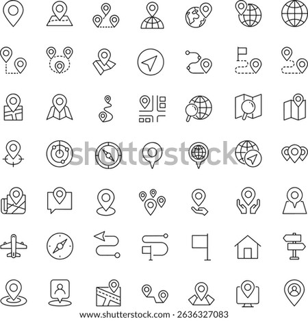Icon set of location navigation route geography map diretion position destination . Editable stroke. Thin line icons illustrations.
