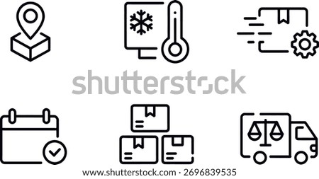 An icon set of logistics and delivery containing 6 vector icons in outline style. This set is perfect for your design project, presentation, and many more.