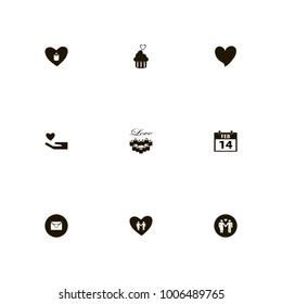 icon set Love with cake, heart with candle, valentine card and people