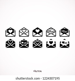 Icon set of love envelopes with hearts. envelope with a card in the form of a heart, a  envelope with a letter in the form of a heart.