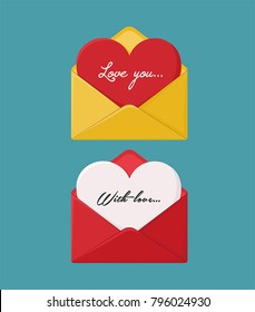 Icon set of love envelopes with hearts. Yellow envelope with a red card in the form of a heart, a red envelope with a letter in the form of a heart.