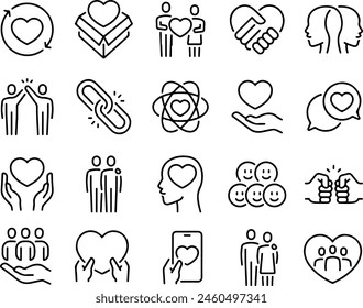 Conjunto de iconos de amor, amistad, amigo, amante, pareja, pareja, juntos, corazón. Iconos de línea fina Ilustraciones vectoriales planas aisladas sobre fondo blanco y transparente	
